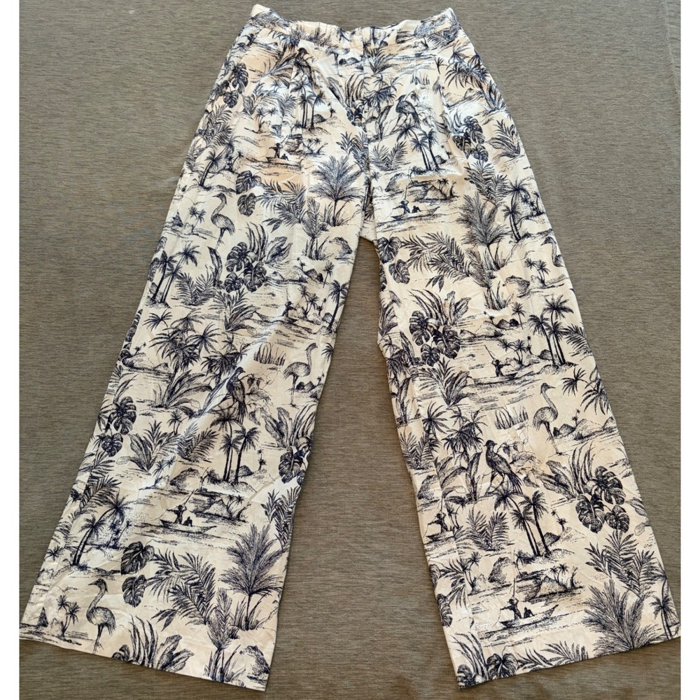 J.McLaughlin Women 10 Blue White Tropical Toile Wide Leg Pants Elastic Back